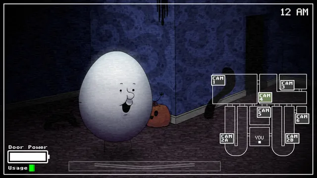 One Night at Flumpty's screenshot: Flumpty Bumpty, a smiling egg, standing in a dark room on camera 4 beside a jack-o'-lantern