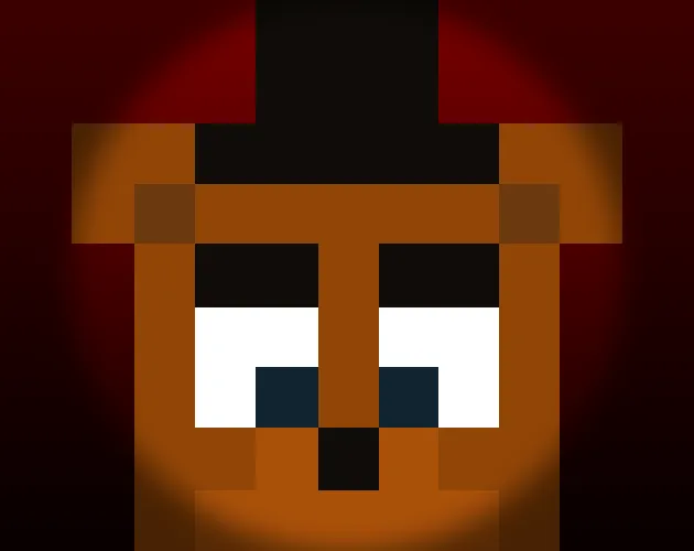 One Night In 2D cover: the blocky pixel face of a brown bear animatronic with a black top hat staring out of red darkness