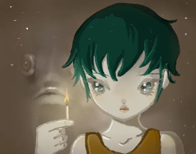One Room cover: a painted girl with green hair holds a lit match in a dark room while a huge pale fish face with human eyes looms behind her
