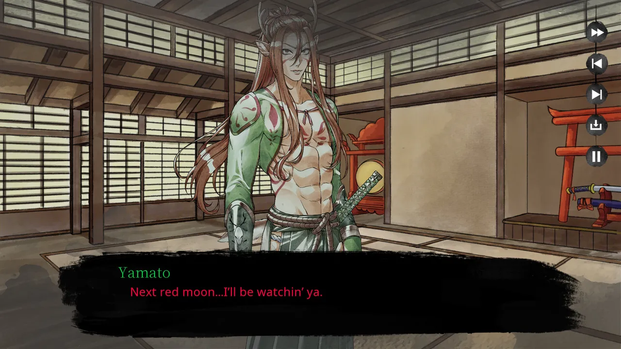 Onigashima screenshot: Yamato, a bare-chested antlered samurai in a dojo, saying in red: next red moon, I'll be watching you
