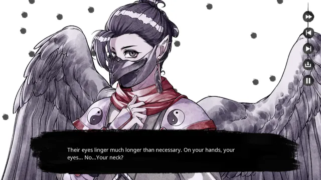 Onigashima screenshot: Hikaru, a masked winged guardian in black and white, with the line their eyes linger much longer than necessary
