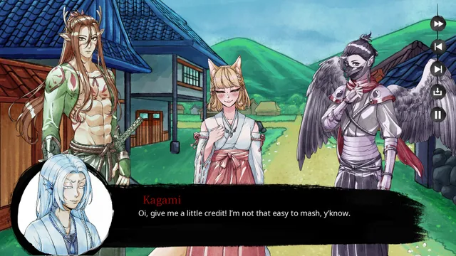 Onigashima screenshot: the hero's friends gathered in the village, with a pale companion in a portrait corner