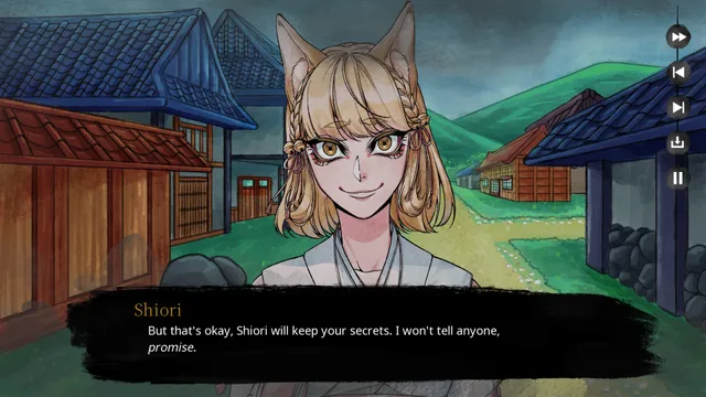 Onigashima screenshot: Shiori, a fox-eared shrine maiden in a village street, promising to keep your secrets