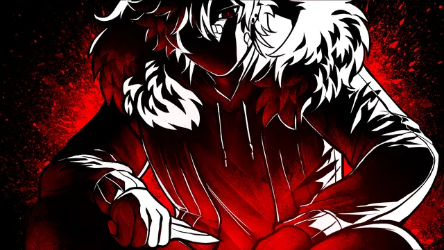 Online Obsession art: a hooded figure in red and black, face in shadow, grips a knife against a blood-spattered background
