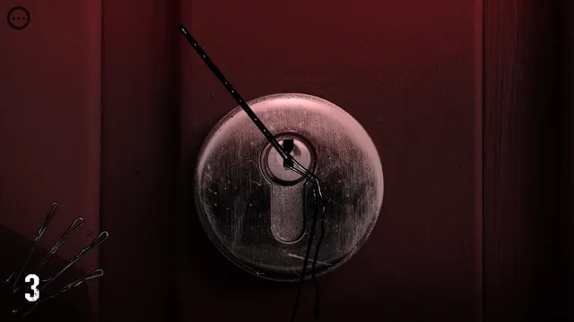 Online Obsession screenshot: a hairpin in a door lock in a dark red scene, with three hairpins left