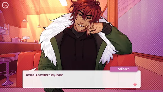 Online Obsession screenshot: red-haired Adisorn in a fur-collared coat leans in a diner booth, chatting