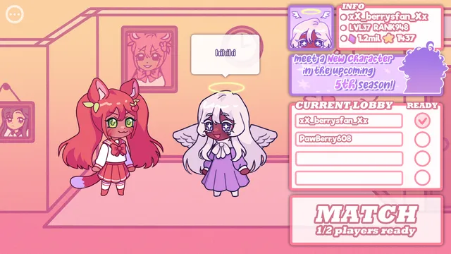Online Obsession screenshot: a pink online game lobby with two chibi avatars, a cat girl and an angel, waiting for a match