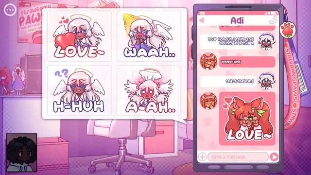 Online Obsession screenshot: a phone chat with an online friend full of stickers, in a pink bedroom