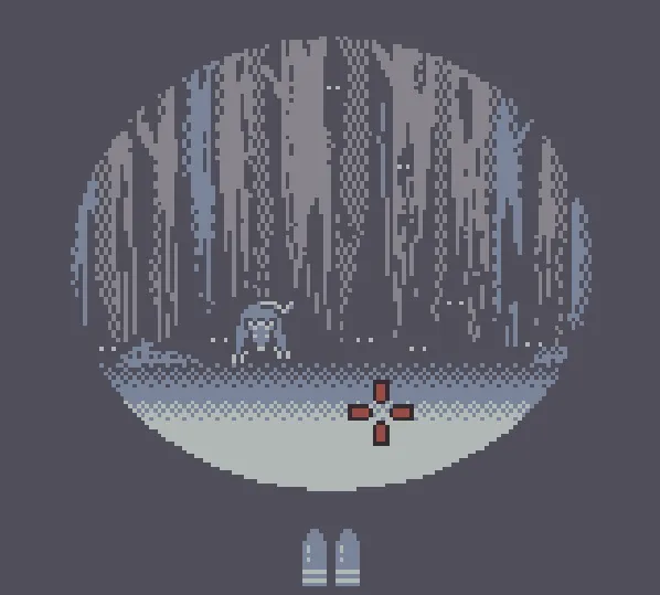 Opossum Country screenshot: a view through a rifle scope of a creature among dark trees, two bullets below