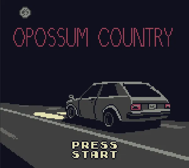 Opossum Country title screen: a car on a dark road at night under the title in red, with Press Start