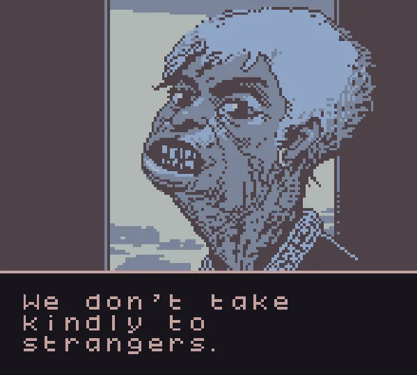Opossum Country screenshot: a grinning, hollow-eyed old man in a doorway says we don't take kindly to strangers