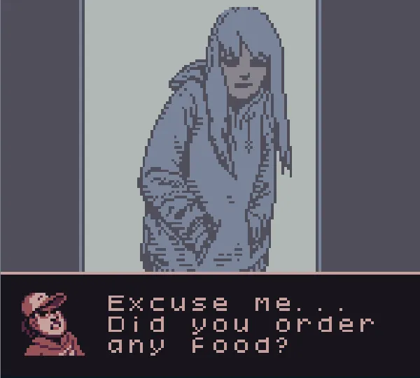Opossum Country screenshot: a long-haired woman in a hoodie at a door as the delivery driver asks if she ordered food