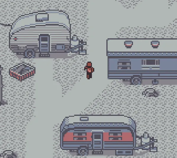 Opossum Country screenshot: the player walks between old caravans and junk in the trailer park, seen from above