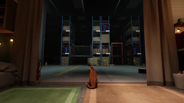ORDER 13 screenshot: the player's ginger cat sits at the edge of the living corner, looking out at the dark warehouse racks