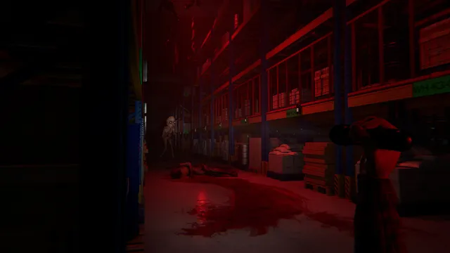ORDER 13 screenshot: a pale creature stands in a red-lit warehouse aisle with blood pooled on the floor