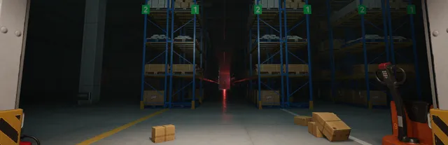 ORDER 13: a dark warehouse aisle with tall blue racks, scattered boxes and a red light at the far end
