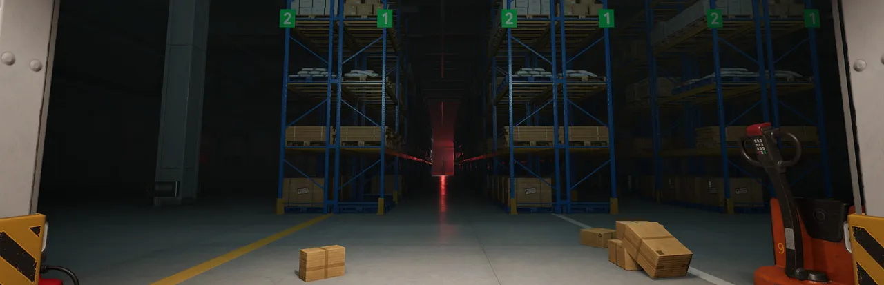 ORDER 13: a dark warehouse aisle with tall blue racks, scattered boxes and a red light at the far end