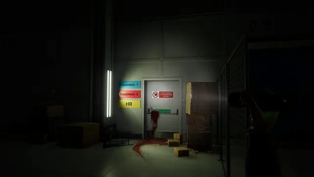 ORDER 13 screenshot: a flashlight lights a basement door with blood smeared on the floor in front of it