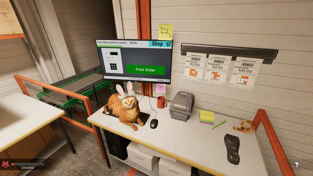ORDER 13 screenshot: the order desk with a computer showing the daily quota and a cat in bunny ears lying beside it