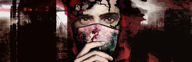 Organ Quarter key art: a man in a hood holds a mottled cloth mask over his face against a ruined red city