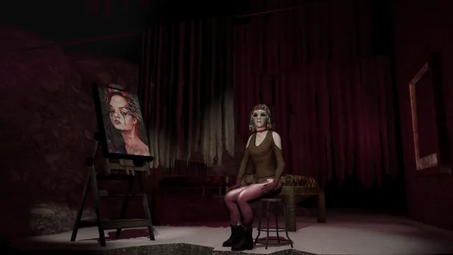 A masked woman sits on a stool beside an easel with a bleeding portrait in a red-curtained room