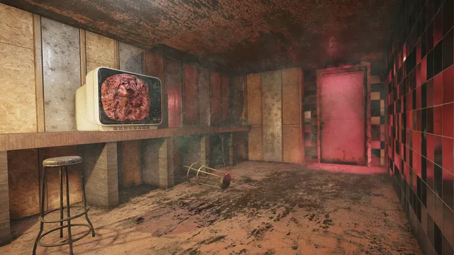 An old television showing raw flesh on a shelf in a rusted room with red tiles and a pink door