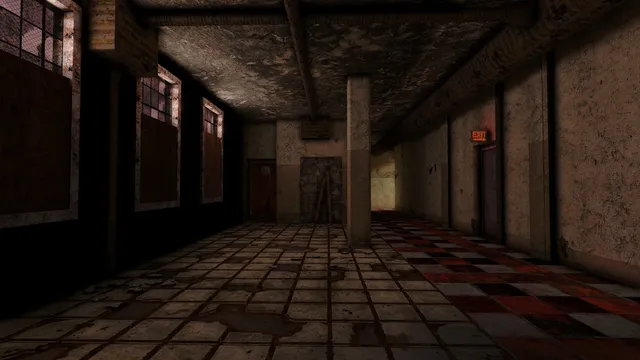 A dim, decaying corridor with stained tiles, barred windows and a red exit sign
