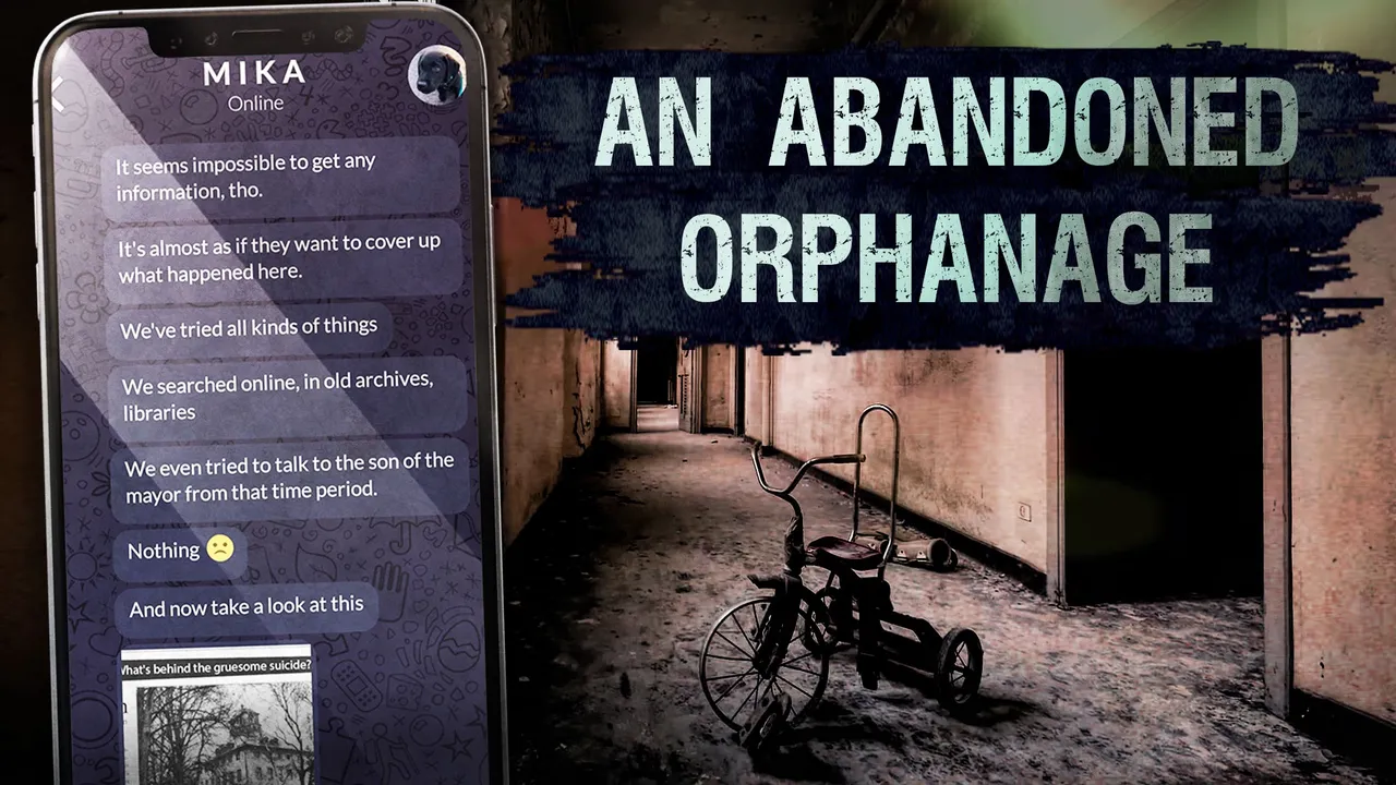 Orphans store art: a child's tricycle in an abandoned orphanage corridor beside a phone chat with Mika about the building's past