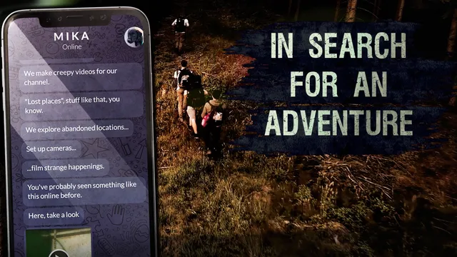 Orphans store art: friends with backpacks walking into a dark forest beside Mika's messages about their Lost Places channel