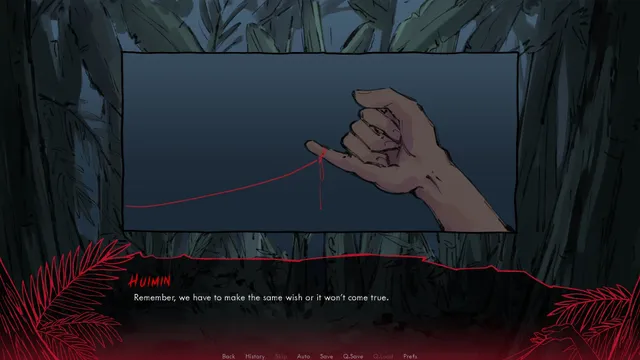 Our Bad Ending screenshot: a hand with a red string tied round its little finger, as Huimin says they have to make the same wish or it won't come true
