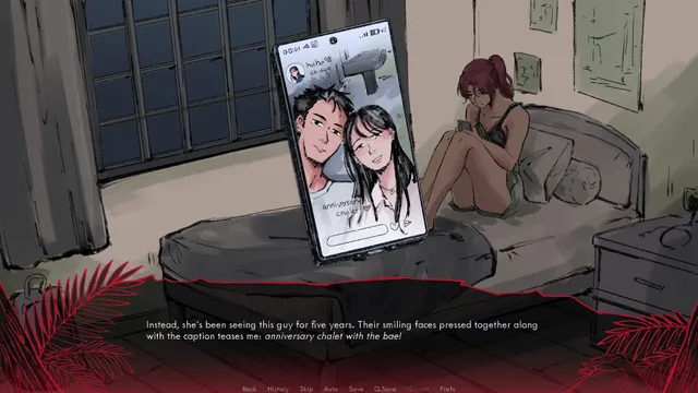 Our Bad Ending screenshot: Syira sits on her bed at night looking at her phone, which shows Huimin's anniversary selfie with her boyfriend