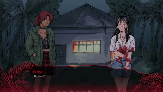 Our Bad Ending screenshot: Syira, in a green jacket, finds Huimin standing outside a chalet among palm trees at night, her white shirt soaked in blood