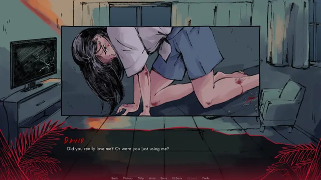 Our Bad Ending screenshot: Huimin on her hands and knees on a living-room floor with bloody cuts on her arms and legs, beside a cracked television