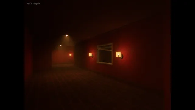 Out of Time: Hotel screenshot: a long hotel corridor with red walls and glowing wall lamps, the task Talk to reception at the top