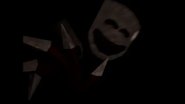 Out of Time: Hotel screenshot: a creature with long claws and a grinning theatre-mask face reaching out of the dark