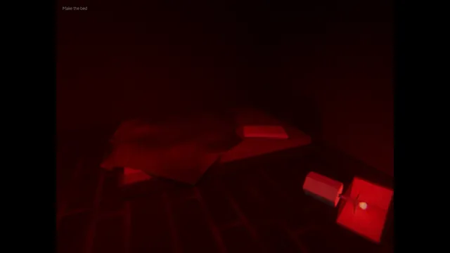 Out of Time: Hotel screenshot: an unmade bed in a room lit deep red, the task Make the bed at the top