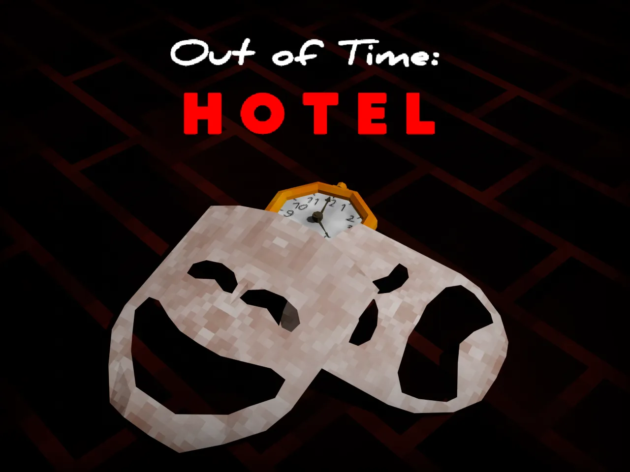 Out of Time: Hotel cover: a pale theatre mask with a grinning face and an orange pocket clock on a dark red tiled floor, under the title