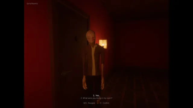 Out of Time: Hotel screenshot: a gaunt man in a brown jacket outside door 6, with the answers Yes and What were you doing in my room?
