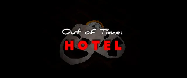 Out of Time: Hotel title banner: Out of Time: HOTEL in white and red over the mask and clock
