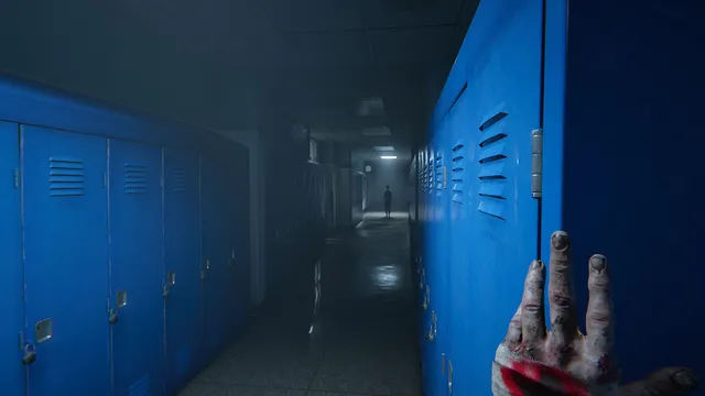 Outlast 2 screenshot: a bloodied hand grips a blue locker door in a dim school hallway with a figure at its far end