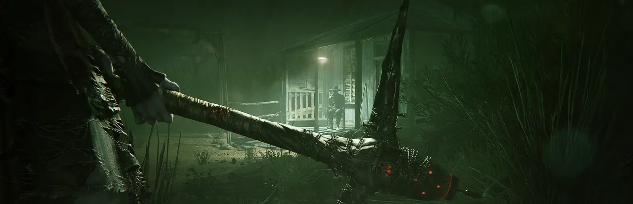 Outlast 2 art: a figure in the dark grass holds a long pickaxe, a lit shack and another figure in a green haze behind