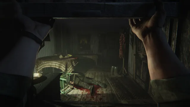 Outlast 2 screenshot: Blake's hands lift the edge of a hiding place to look into a bloody room with a body on the floor
