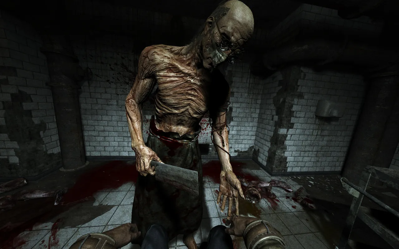 Outlast screenshot: a gaunt, mutilated man with a meat cleaver stands over the player in a bloody tiled room