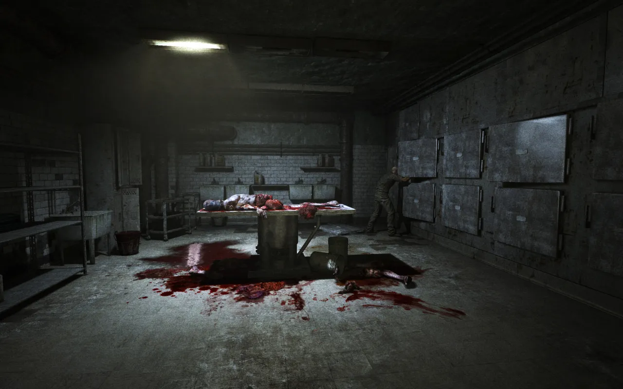 Outlast screenshot: a morgue with blood pooled on the floor and a body on a steel table, a figure standing by the drawers