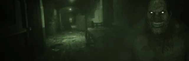 Outlast key art: a grinning, scarred inmate with glowing eyes looms beside a dark asylum corridor seen through green night vision