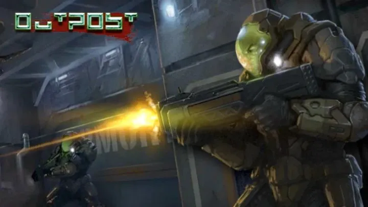 Outpost:Haven key art: an armoured space marine with a green visor fires a rifle down a dark station corridor, the Outpost logo in the corner