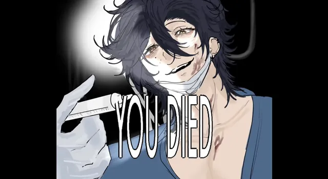 OVERD0SE screenshot: a 'You Died' screen over the doctor, bloodied and masked, holding a syringe