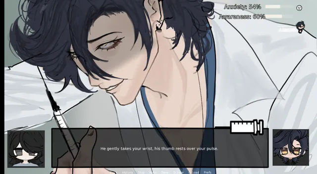 OVERD0SE screenshot: the dark-haired doctor smiles and takes your wrist, a syringe in his other hand