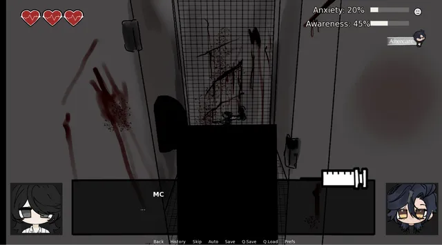 OVERD0SE screenshot: a dark hospital room with bloody handprints smeared on the wall beside a hanging drip, with anxiety and awareness meters