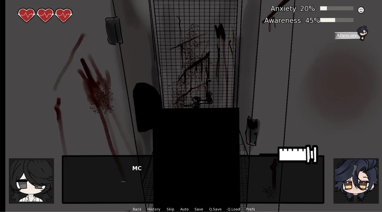 OVERD0SE screenshot: a dark hospital room with bloody handprints smeared on the wall beside a hanging drip, with anxiety and awareness meters